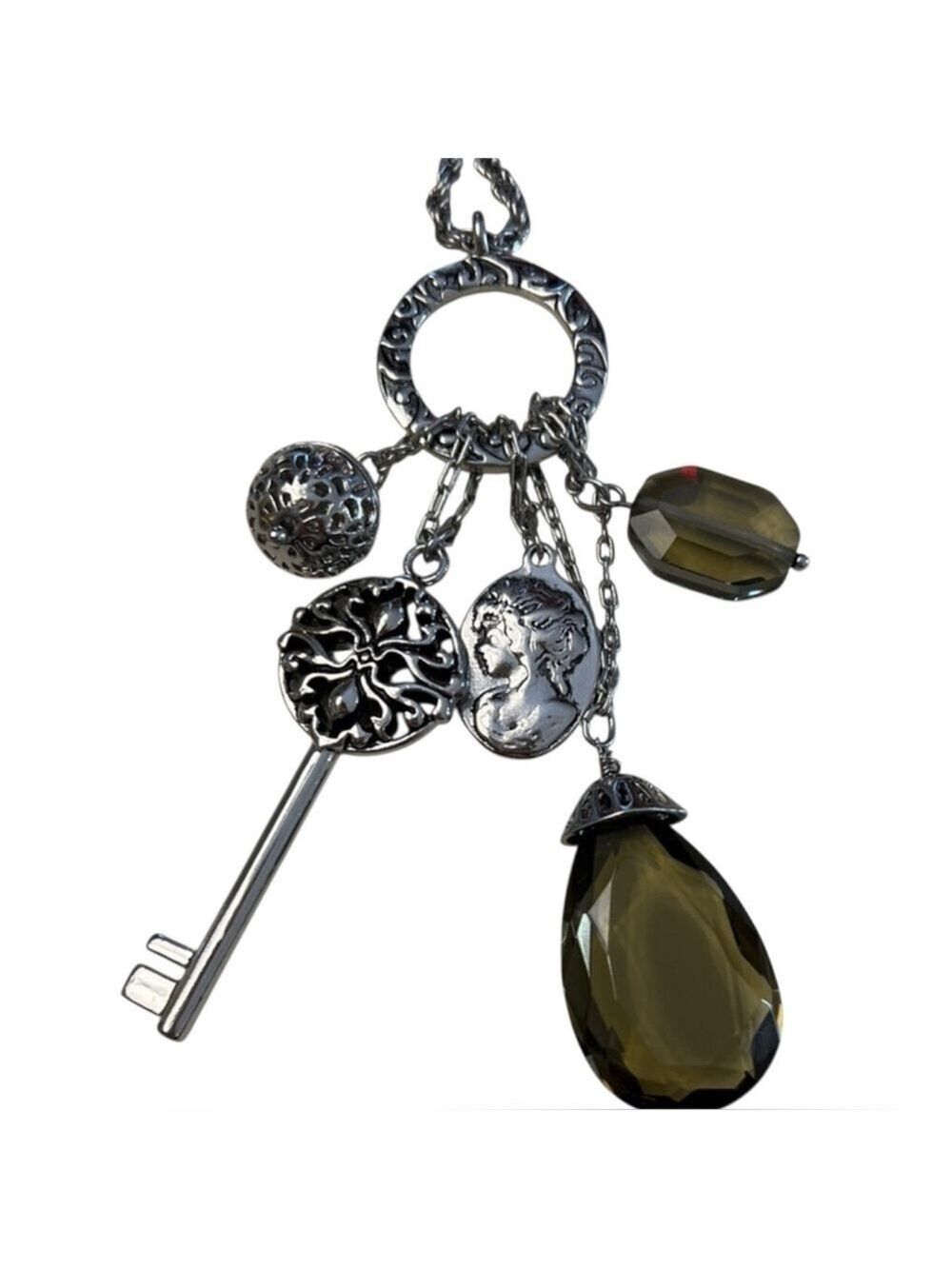 Lia Sophia Reach long silver-tone charm necklace featuring smoky glass